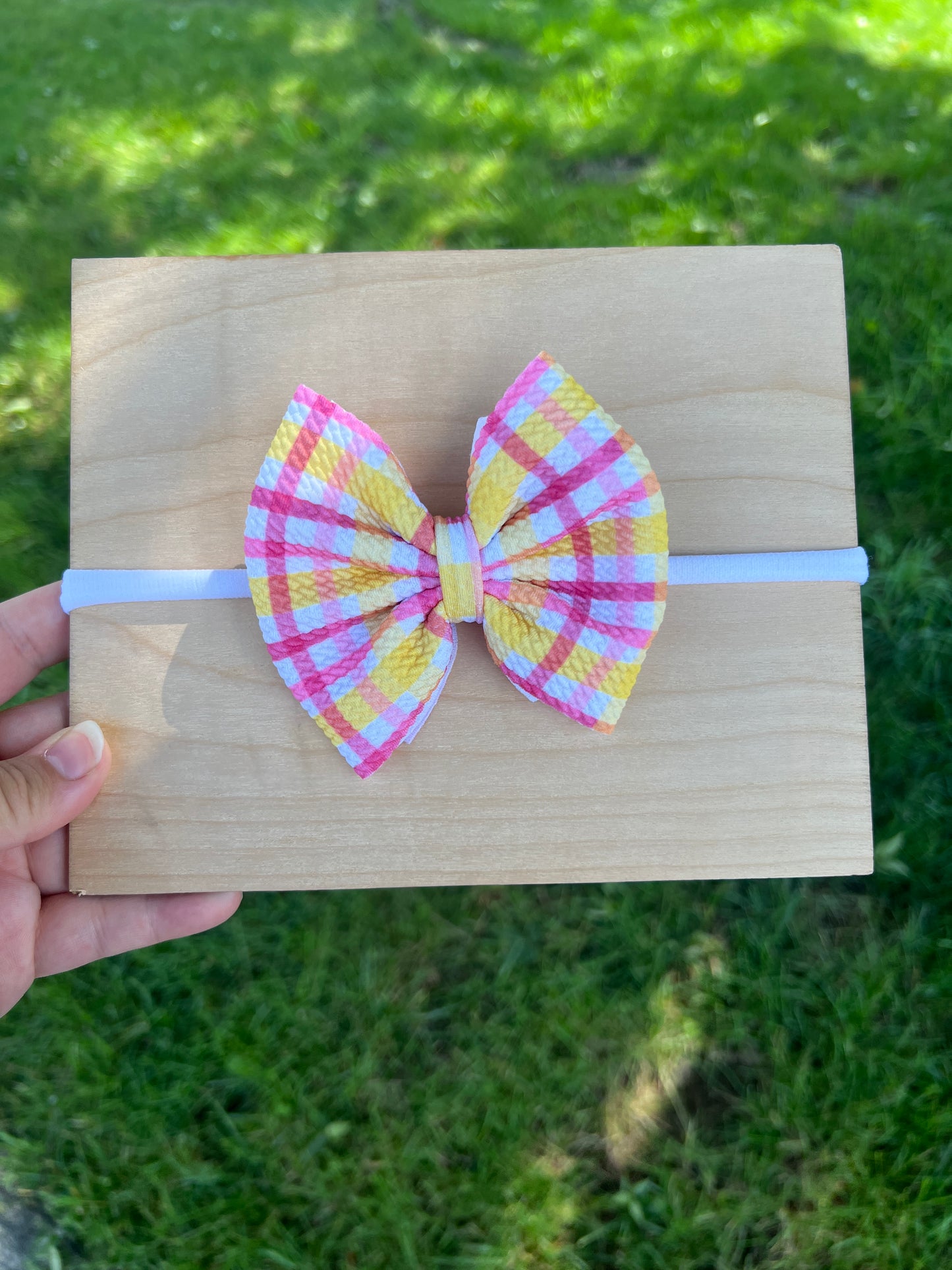 Pink/Yellow Gingham bow Small