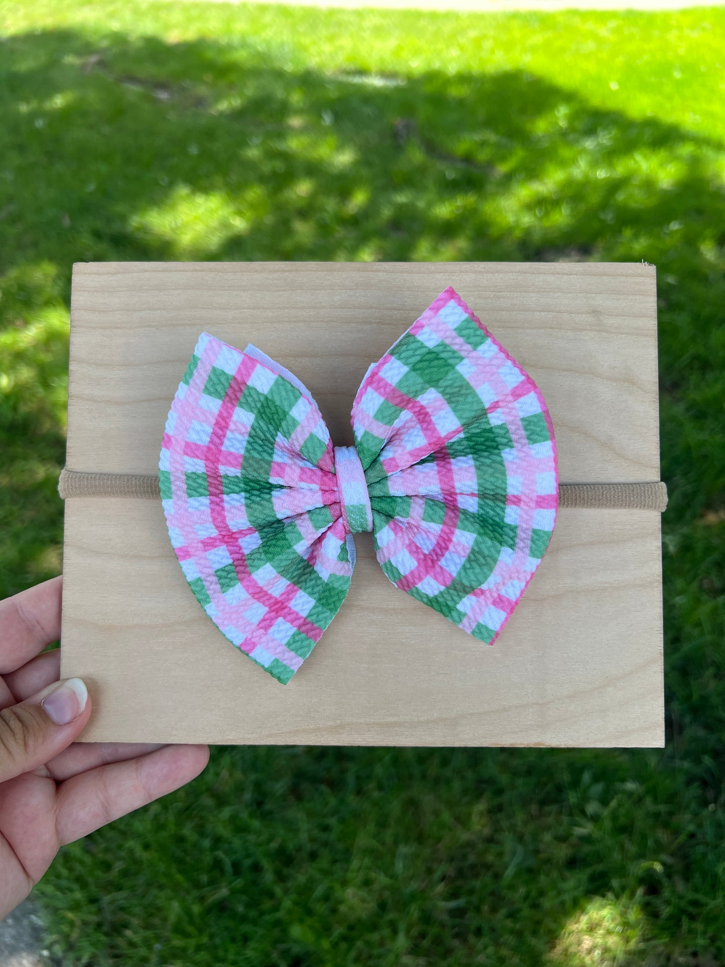 Pink/Green Gingham Classic Bow