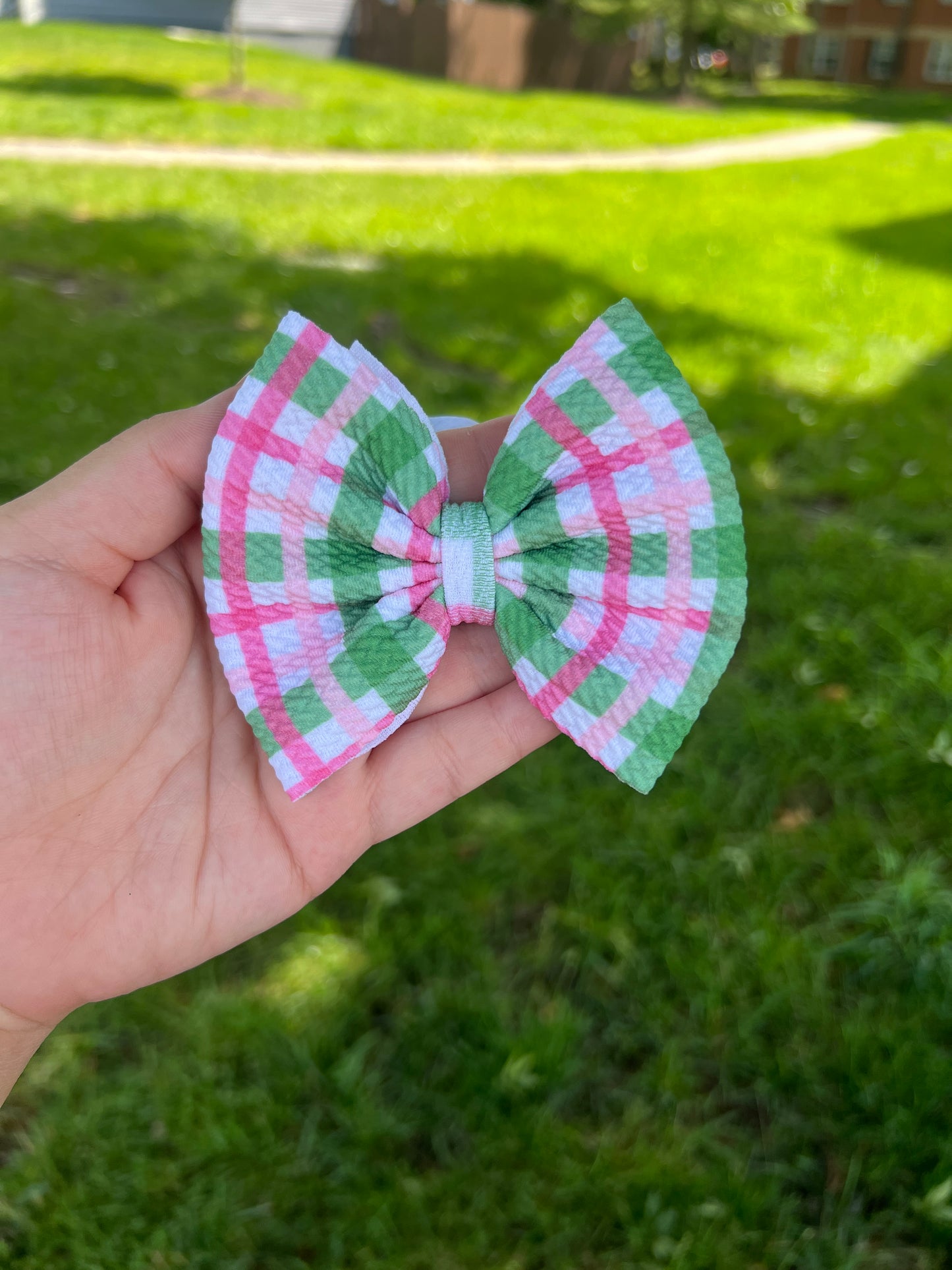 Pink/Green Gingham bow Small