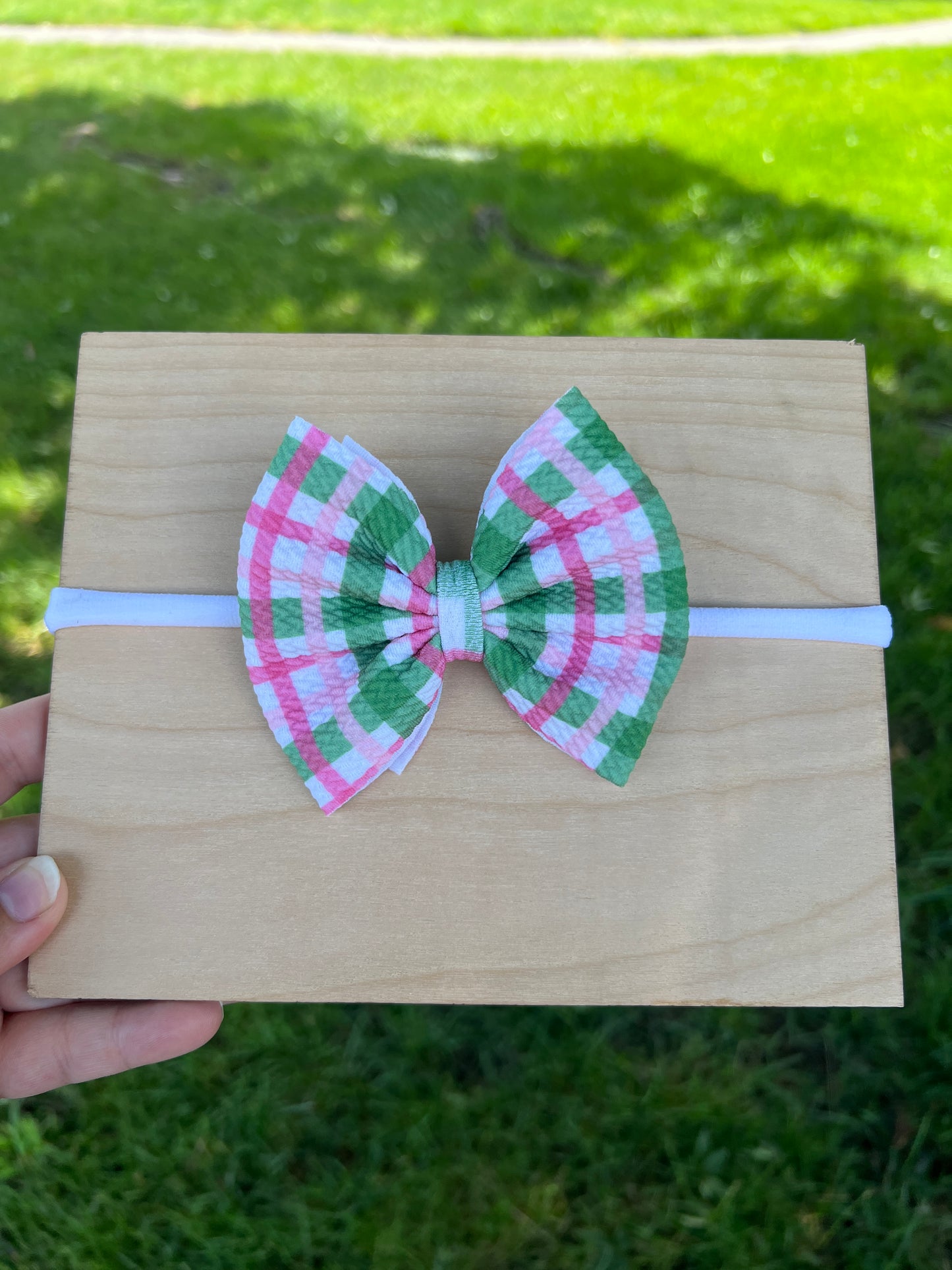 Pink/Green Gingham bow Small