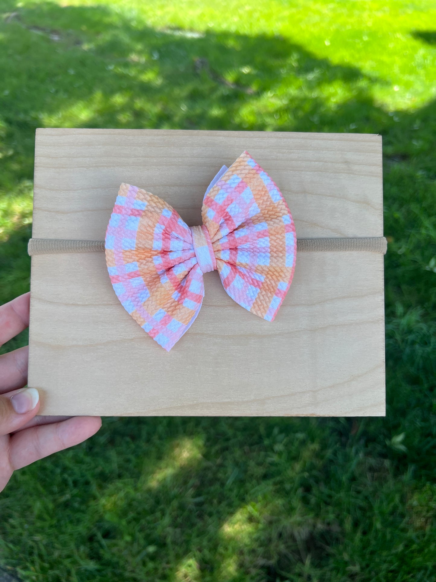 Peachy Gingham bow Small
